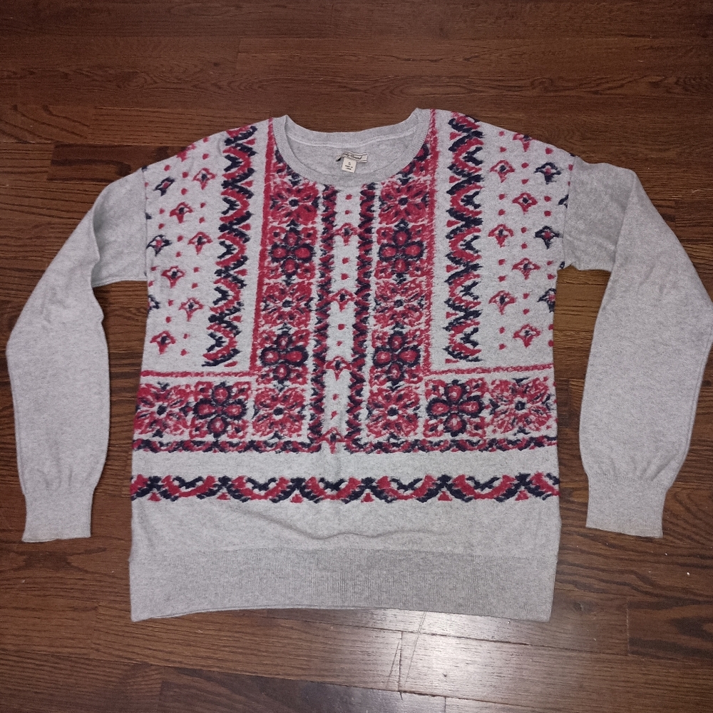 Womens Lucky Brand Gray Red Blue Geometric Embroidered Crew Neck Sweater